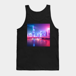 Ai Generated Art Scenery - Futuristic City With Bridge Over River Neon Lights Tank Top